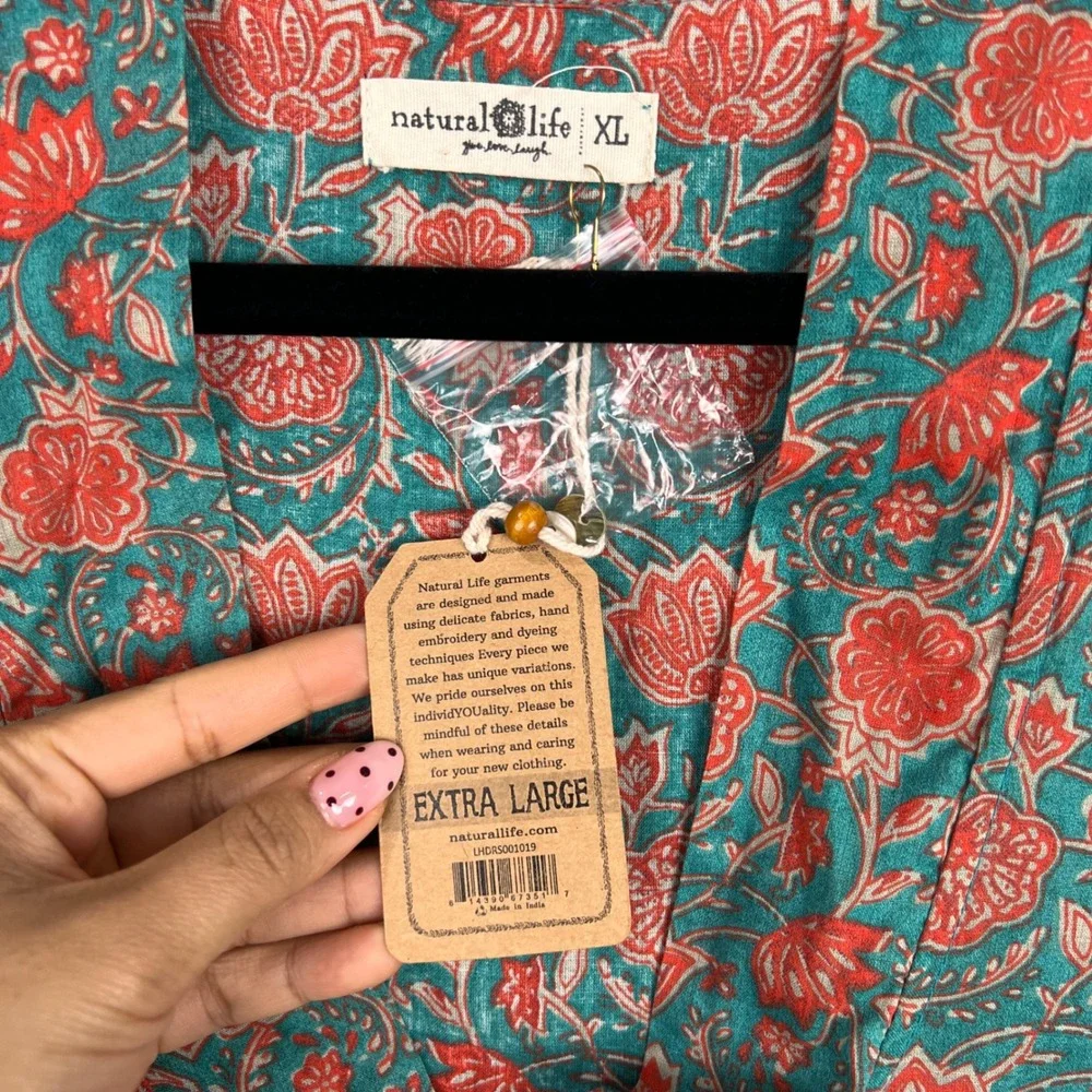 NEW Natural Life XL Women Teal Orange Floral Button Down Madi Dress - Picture 5 of 9